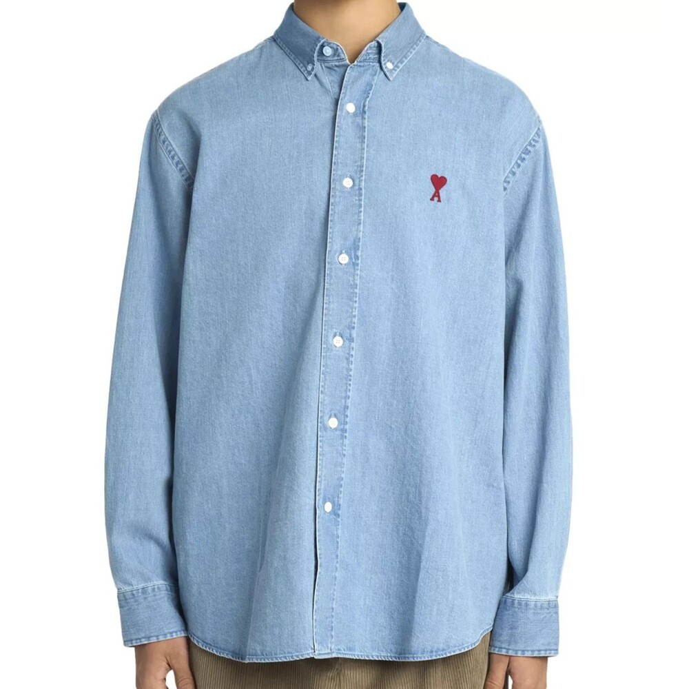 AMI PARIS Shirt Mens XL Blue Denim Oversized Button Down Heart Logo DE COUER